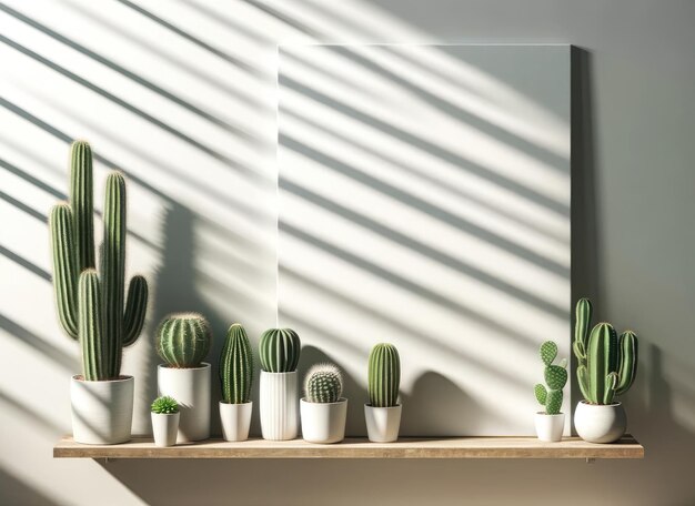 Verscheidenheid aan cactussen op een plank in de moderne huisdecoratie