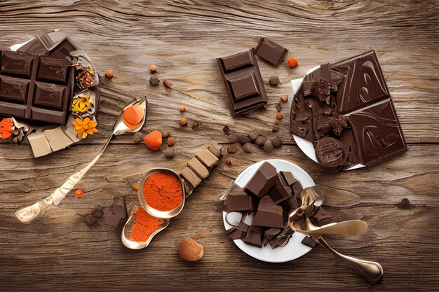 verscheidenheid aan chocolaatjes spatten op een houten tafel gegenereerde AI