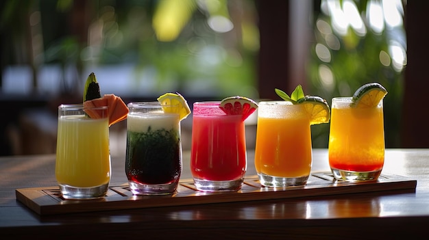 Verscheidenheid aan cocktails op een houten tafel in een restaurant Selectieve focus Generatieve AI