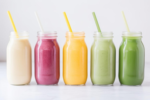 Verscheidenheid aan detox-smoothies in regenboogkleuren