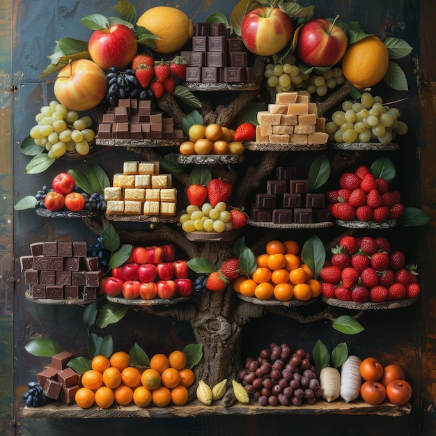 Verscheidenheid aan fruit en chocolade op tafel