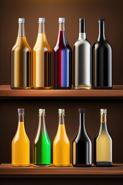 Verscheidenheid aan gekleurde flessen met alcoholische dranken