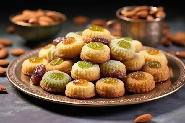 Verscheidenheid aan griesmeelkoekjes met dadels, walnoten en pistachenoten Traditionele Arabische snoepjes voor Eid al A