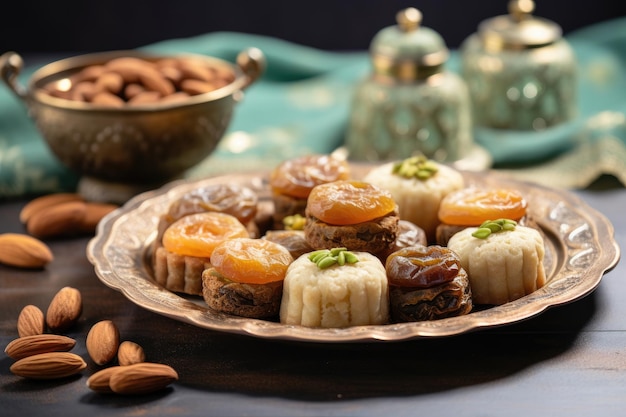 Verscheidenheid aan griesmeelkoekjes met dadels, walnoten en pistachenoten Traditionele Arabische snoepjes voor Eid al A