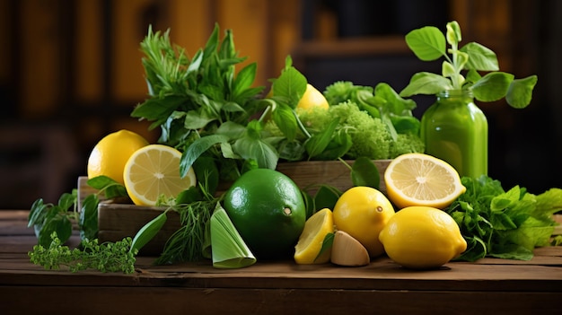 Verscheidenheid aan groene en gele fruit en groenten op tafel