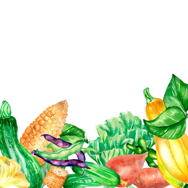 Verscheidenheid aan groenten bord aquarel illustratie op witte achtergrond