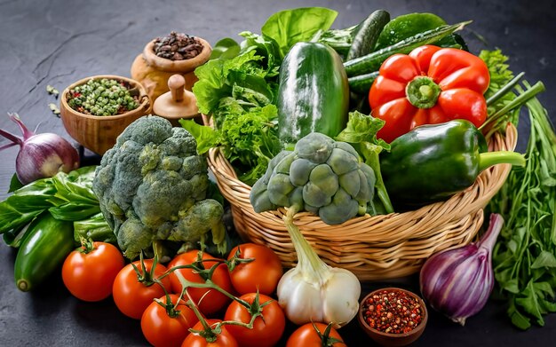 Verscheidenheid aan groenten en groene kruiden Markt Groenten in een mand op een donkere achtergrond