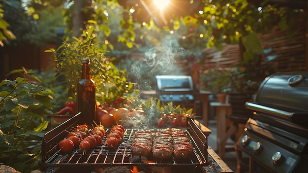 Foto verscheidenheid aan heerlijke gegrilde vlees en groenten rook en vlammen op de barbecue grill