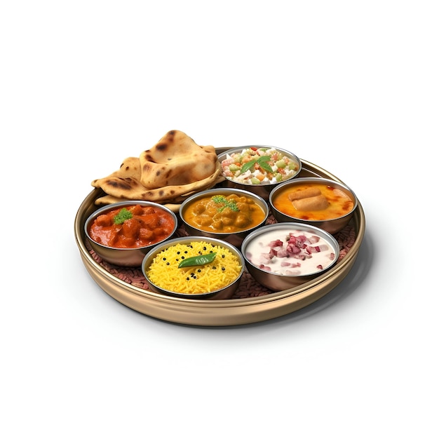 Verscheidenheid aan Indiaas eten in houten dienblad geïsoleerd op een witte achtergrond met uitknippad
