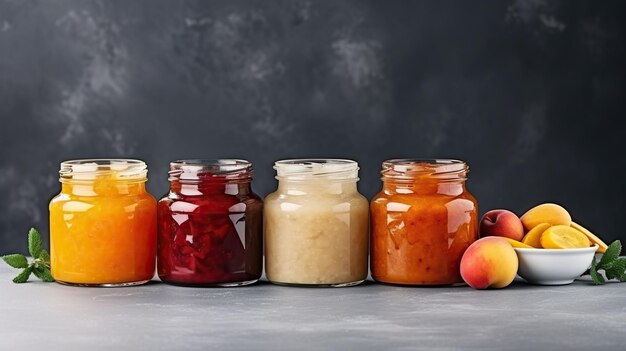 Verscheidenheid aan jam in glazen potten op een donkere achtergrond Heerlijk vers fruit voor een gezonde snack