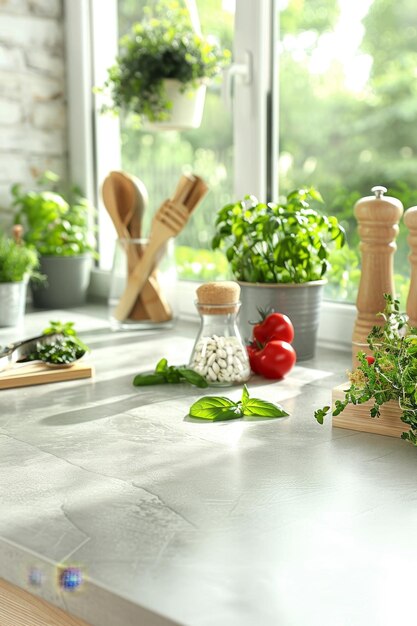 Foto verscheidenheid aan keukengereedschap, ingrediënten en kookgereedschap op een schone witte toonbank