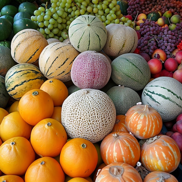 Foto verscheidenheid aan kleurrijke meloenen te koop op de lokale boerenmarkt