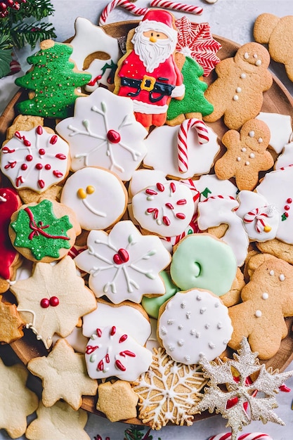 Verscheidenheid aan koekjes voor kerstkoekjes uitwisselingsfeest overhead shot met kopieerruimte