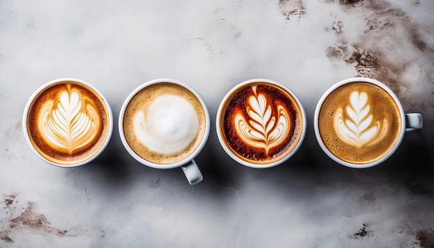 Verscheidenheid aan koffiemokjes in verschillende vormen en maten geplaatst op een witte stenen tafel top view