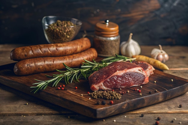 Verscheidenheid aan rauwvlees, waaronder steak en worstjes op een houten bord met specerijen en kruiden