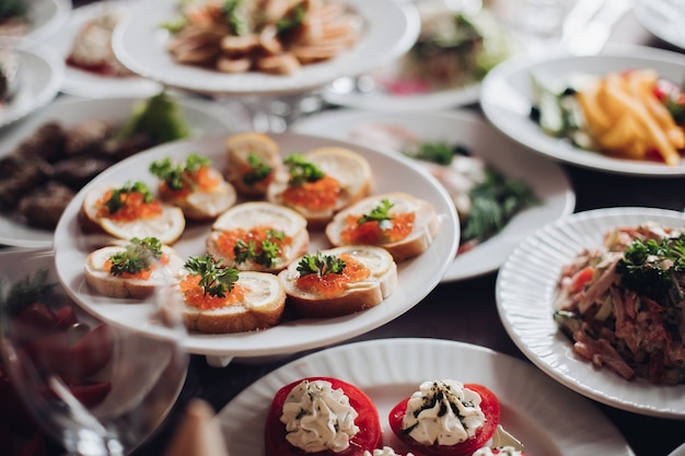 Verscheidenheid aan smakelijke koude snacks geserveerd op witte keramische platen boven een speciale gelegenheidstafel voor een bruiloftsbanket. Assortiment van gekookte snacks en eten op tafel in restaurant. Kerst- of nieuwjaarsviering.