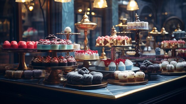 Verscheidenheid aan snoepjes en desserts op de achtergrond van een bakkerij