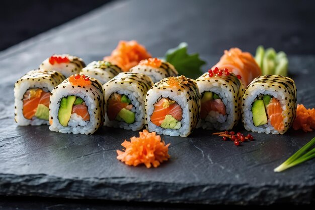 Verscheidenheid aan sushi rollen elegant gepresenteerd