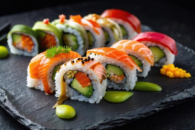 Verscheidenheid aan sushi rollen elegant gepresenteerd