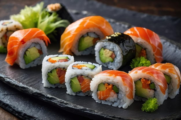 Verscheidenheid aan sushi rollen elegant gepresenteerd