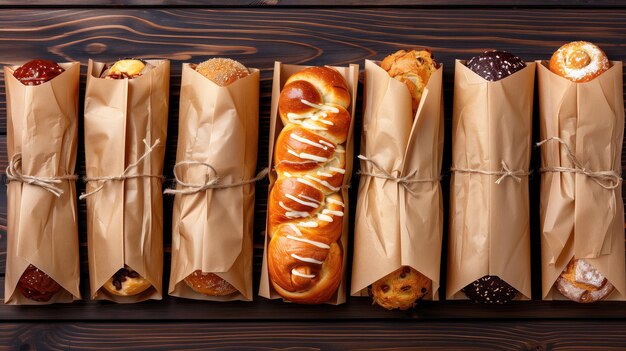 Verscheidenheid aan vers brood in papieren zakken op houten achtergrond