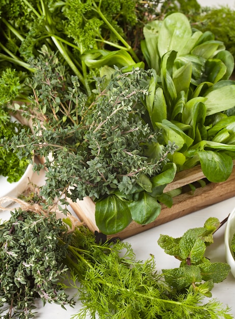 Foto verscheidenheid aan verse groene biologische kruiden. gezond eten concept