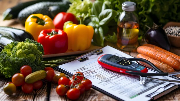 Verscheidenheid aan verse groenten Glucose meter en stethoscoop op een houten tafel