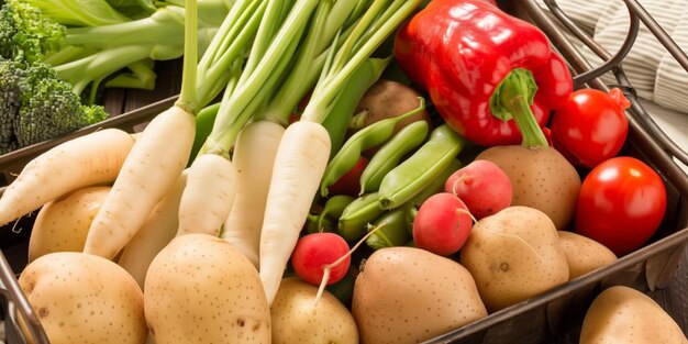 Verscheidenheid aan verse groenten in een mand op een houten tafel