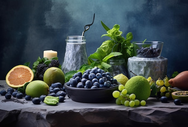 Verscheidenheid aan verse vruchten en bessen, waaronder blauwe bessen, zwarte bessen, druiven, sinaasappels, meloenen, limoenen