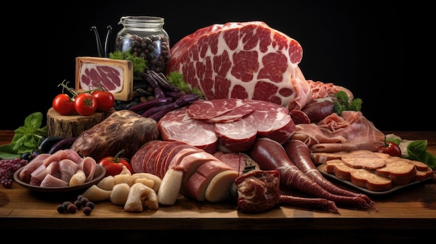 Verscheidenheid aan vleesproducten, waaronder ham en worst
