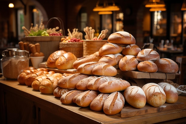 Verscheidenheid aan volkorenbrood en broodjesbakkerij met assortiment vers gebakken gebak