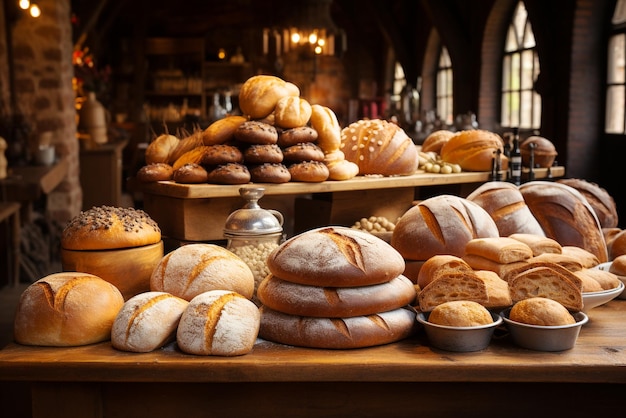 Verscheidenheid aan volkorenbrood en broodjesbakkerij met assortiment vers gebakken gebak