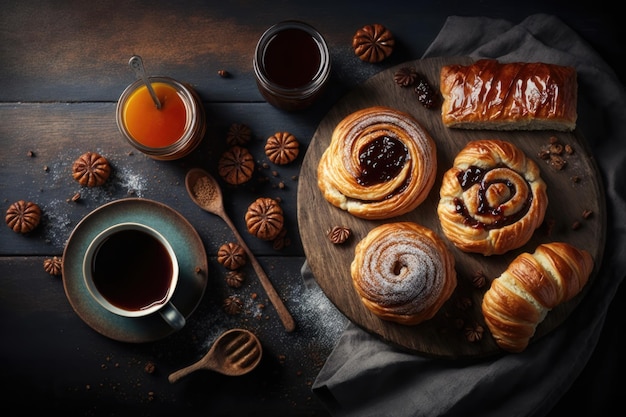 Verscheidenheid aan zelfgemaakte bladerdeegbroodjes, kaneelbroodjes en croissants geserveerd met koffiekopje AI gegenereerd