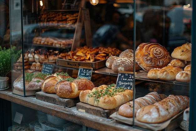 Verscheidenheid gebakken brood en dessert in glazen vitrine bij bakkerij