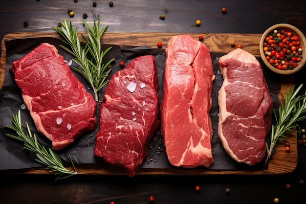 Verscheidenheid rauw vlees steaks met rozemarijn en kruiden op houten achtergrond