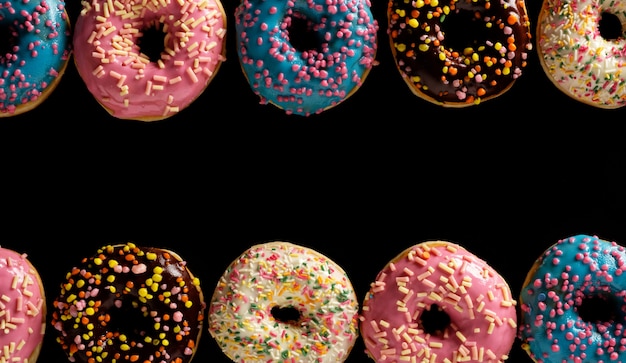 Verscheidenheid van kleurrijke smakelijke geglazuurde donuts op een zwarte