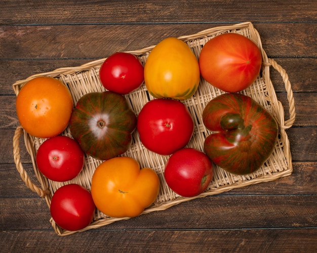 Verscheidenheid van tomaten op dienblad op rustieke houten achtergrond