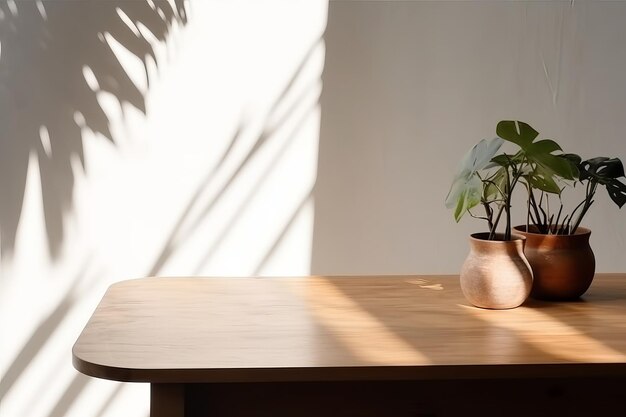 Verschijningsachtergrond uitstellen houten display dialoogbox en witte lege muur met gevestigde staart Creatieve bron AI gegenereerd