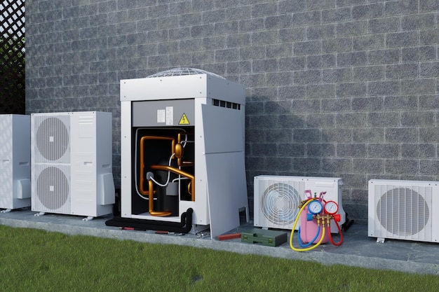 verschillende airconditioners in de achtertuin met meters en tools 3d