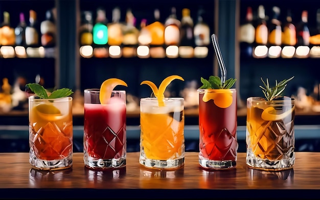 Verschillende alcoholische cocktails op de bar.