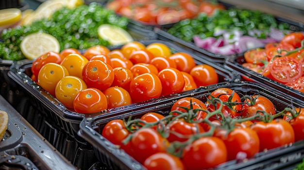 Verschillende bakken met tomaten en groenten op een tafel