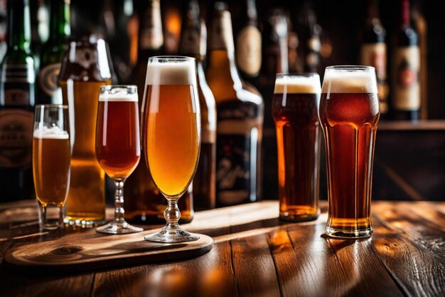 Verschillende bieren staan op een houten tafel, waaronder een met het nummer 3 erop.