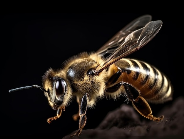 verschillende bijen vliegende macrofoto gedetailleerde bijen staan op een zwarte achtergrond