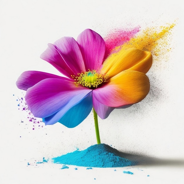 Foto verschillende bloemen gemaakt met regenboogkleurige poeder en kleurrijke luxe achtergrond