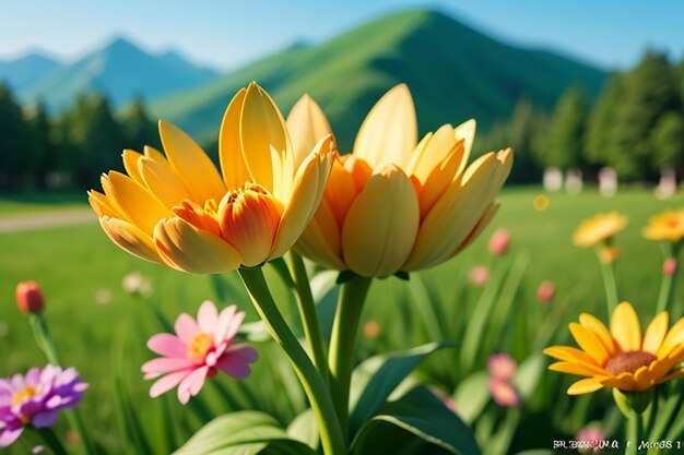 Verschillende bloemen op het groene gras en de bergen in de verte zijn blauwe lucht witte wolken