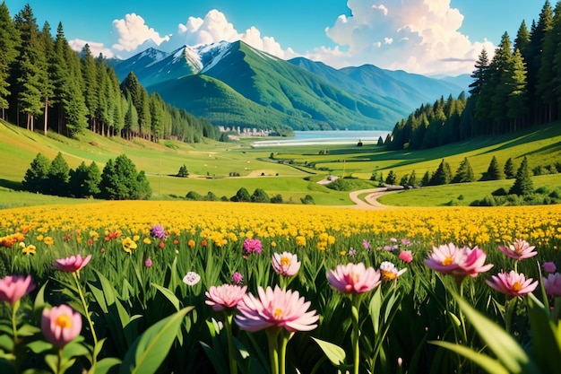 verschillende bloemen op het groene gras en de bergen in de verte zijn blauwe luchtwitte wolken