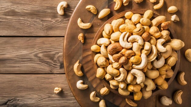 Verschillende cashewnoten op een houten tafel