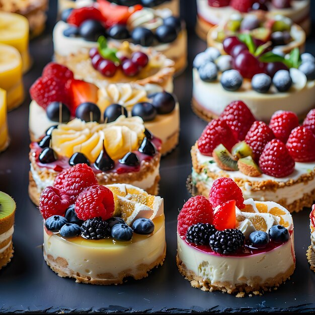 Verschillende desserts met verschillende ingrediënten en taart versieringen op de tafel