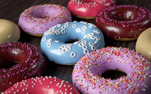 Verschillende donut op houten tafel 3D-rendering