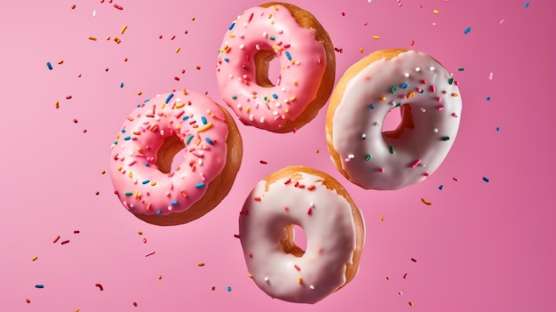 Verschillende donuts vliegen in de lucht Dessert donuts met glazuur